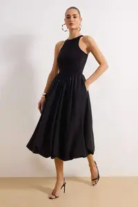 TRENDYOLMİLLA Black Top Bodysuit Skirt Part Balloon Poplin Evening Gown Gece Graduation Dress - Image 2