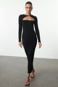 TRENDYOLMİLLA Black Cut Out/Window Detailed Knitting Chic Evening Gown Night Graduation Dress