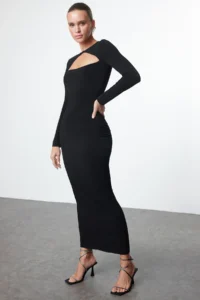 TRENDYOLMİLLA Black Cut Out/Window Detailed Knitting Chic Evening Gown Night Graduation Dress - Image 2