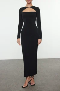 TRENDYOLMİLLA Black Cut Out/Window Detailed Knitting Chic Evening Gown Night Graduation Dress - Image 3