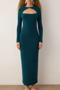 TRENDYOLMİLLA Emerald Green Cut Out/Window Detailed Knitting Chic Evening Gown Night Graduation Dress - Image 3