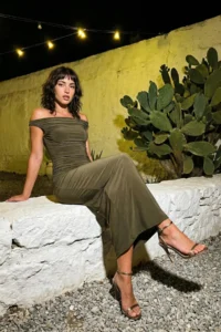 TRENDYOLMİLLA Khaki Bodycon Carmen Collar Knitting Chic Evening Gown Gece Graduation Dress