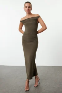 TRENDYOLMİLLA Khaki Bodycon Carmen Collar Knitting Chic Evening Gown Gece Graduation Dress - Image 3