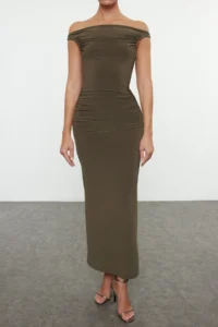 TRENDYOLMİLLA Khaki Bodycon Carmen Collar Knitting Chic Evening Gown Gece Graduation Dress - Image 5