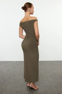TRENDYOLMİLLA Khaki Bodycon Carmen Collar Knitting Chic Evening Gown Gece Graduation Dress - Image 7