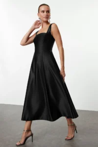 TRENDYOLMİLLA Black A-Kesim Satin Weaving Chic Evening Gown Gece Graduation Dress - Image 2