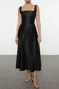 TRENDYOLMİLLA Black A-Kesim Satin Weaving Chic Evening Gown Gece Graduation Dress - Image 3