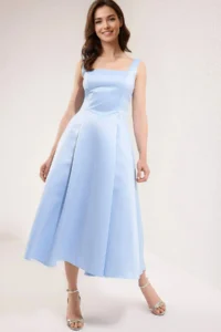 TRENDYOLMİLLA Light Blue A-Kesim Satin Weaving Chic Evening Gown Gece Graduation Dress - Image 3