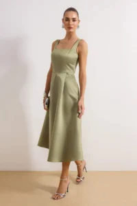 TRENDYOLMİLLA Oil Green A-Line Satin Weaving Chic Evening Gown Gece Graduation Dress