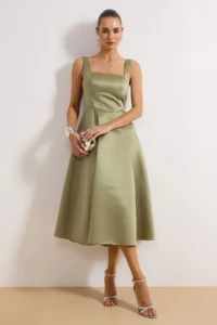 TRENDYOLMİLLA Oil Green A-Line Satin Weaving Chic Evening Gown Gece Graduation Dress - Image 2