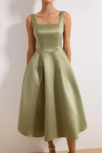 TRENDYOLMİLLA Oil Green A-Line Satin Weaving Chic Evening Gown Gece Graduation Dress - Image 3