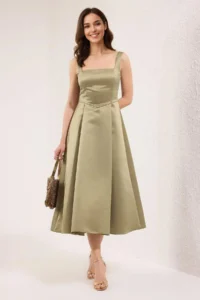 TRENDYOLMİLLA Oil Green A-Line Satin Weaving Chic Evening Gown Gece Graduation Dress - Image 5