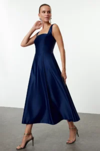 TRENDYOLMİLLA Navy Blue A-Kesim Satin Weaving Chic Evening Gown Gece Graduation Dress - Image 2