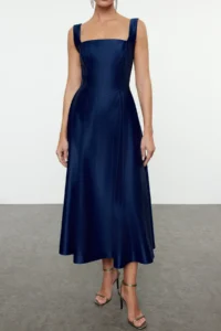 TRENDYOLMİLLA Navy Blue A-Kesim Satin Weaving Chic Evening Gown Gece Graduation Dress - Image 3