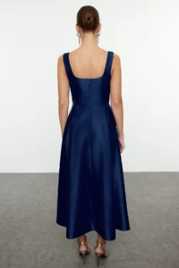 TRENDYOLMİLLA Navy Blue A-Kesim Satin Weaving Chic Evening Gown Gece Graduation Dress - Image 5