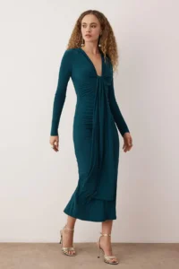 TRENDYOLMİLLA Petrol Blue Blue Blue Fitted V-neck Knitting Chic Dress