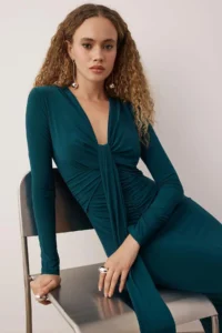TRENDYOLMİLLA Petrol Blue Blue Blue Fitted V-neck Knitting Chic Dress - Image 2
