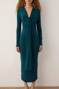 TRENDYOLMİLLA Petrol Blue Blue Blue Fitted V-neck Knitting Chic Dress - Image 3