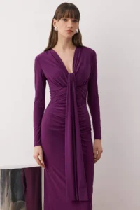 TRENDYOLMİLLA Dark Purple Fitted V-neck Knitting Chic Dress - Image 2