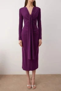 TRENDYOLMİLLA Dark Purple Fitted V-neck Knitting Chic Dress - Image 3