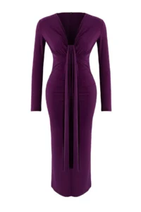 TRENDYOLMİLLA Dark Purple Fitted V-neck Knitting Chic Dress - Image 5