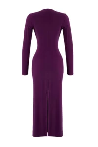 TRENDYOLMİLLA Dark Purple Fitted V-neck Knitting Chic Dress - Image 7