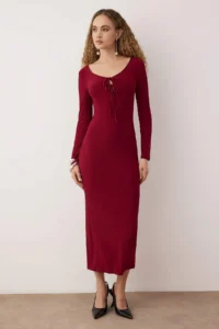 TRENDYOLMİLLA Burgundy Fitted Chest Binding Detailed Knitting LONG Chic Evening Gown Dress