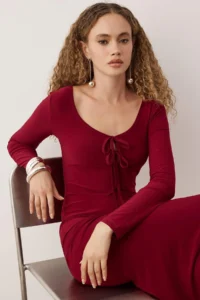TRENDYOLMİLLA Burgundy Fitted Chest Binding Detailed Knitting LONG Chic Evening Gown Dress - Image 2