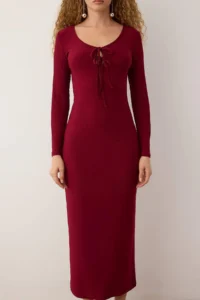 TRENDYOLMİLLA Burgundy Fitted Chest Binding Detailed Knitting LONG Chic Evening Gown Dress - Image 3