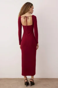 TRENDYOLMİLLA Burgundy Fitted Chest Binding Detailed Knitting LONG Chic Evening Gown Dress - Image 5