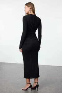 TRENDYOLMİLLA Black Low-cut Detailed Weaving Chic Evening Gown Night Graduation Dress - Image 6