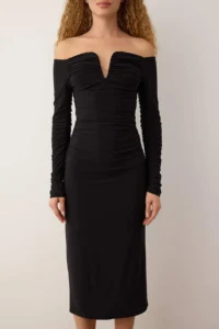 TRENDYOLMİLLA Black Bodycon Carmen Collar Knitting her dress - Image 3