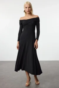 TRENDYOLMİLLA Black A-Kesim Knitting Evening Gown Gece Graduation Dress