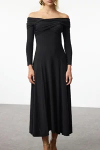 TRENDYOLMİLLA Black A-Kesim Knitting Evening Gown Gece Graduation Dress - Image 3