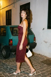 TRENDYOLMİLLA Burgundy Lined Lace Knitting Midi Evening Gown Gece Graduation Dress - Image 2