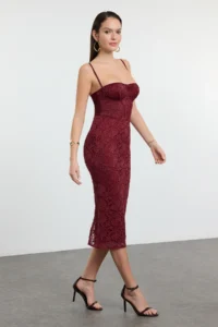 TRENDYOLMİLLA Burgundy Lined Lace Knitting Midi Evening Gown Gece Graduation Dress - Image 3