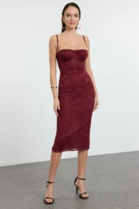 TRENDYOLMİLLA Burgundy Lined Lace Knitting Midi Evening Gown Gece Graduation Dress - Image 4