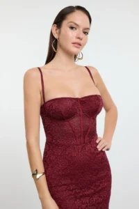 TRENDYOLMİLLA Burgundy Lined Lace Knitting Midi Evening Gown Gece Graduation Dress - Image 5