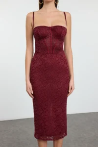 TRENDYOLMİLLA Burgundy Lined Lace Knitting Midi Evening Gown Gece Graduation Dress - Image 6
