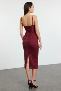 TRENDYOLMİLLA Burgundy Lined Lace Knitting Midi Evening Gown Gece Graduation Dress - Image 8
