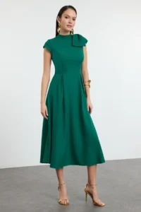 TRENDYOLMİLLA Green A-Kesim pleated Weaving Chic Evening Gown Gece Graduation Dress