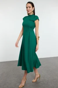 TRENDYOLMİLLA Green A-Kesim pleated Weaving Chic Evening Gown Gece Graduation Dress - Image 3