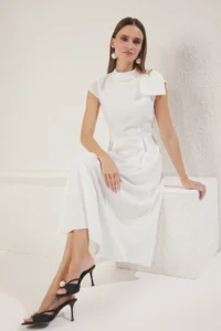 TRENDYOLMİLLA White A-Kesim pleated Weaving Chic Evening Gown Gece Graduation Dress - Image 2