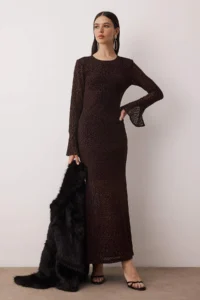 TRENDYOLMİLLA Dark Brown Flok Printed Tulle Maxi Size Lined Evening Gown Gece Graduation Dress - Image 2