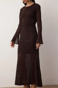 TRENDYOLMİLLA Dark Brown Flok Printed Tulle Maxi Size Lined Evening Gown Gece Graduation Dress - Image 3