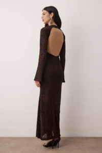 TRENDYOLMİLLA Dark Brown Flok Printed Tulle Maxi Size Lined Evening Gown Gece Graduation Dress - Image 4