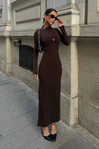 TRENDYOLMİLLA Brown Body-Fitting with accessories Knitting Evening Gown Gece Graduation Dress - Image 3