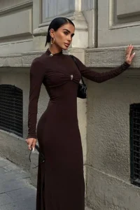 TRENDYOLMİLLA Brown Body-Fitting with accessories Knitting Evening Gown Gece Graduation Dress - Image 5
