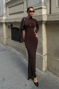 TRENDYOLMİLLA Brown Body-Fitting with accessories Knitting Evening Gown Gece Graduation Dress - Image 6