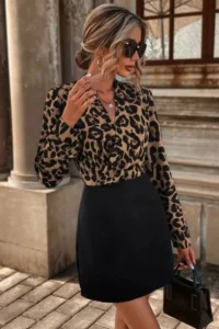 TRENDYOLMİLLA Multicolored Leopard Patterned Weaving Short Evening Gown Gece Graduation Dress